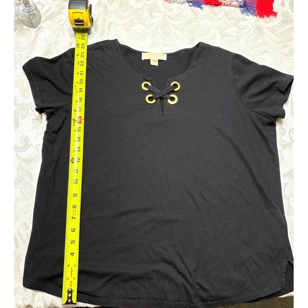 Michael Kors Black Lace Up Grommet Short Sleeve Top XL Gold Hardware Logo Plaque - Picture 2 of 5